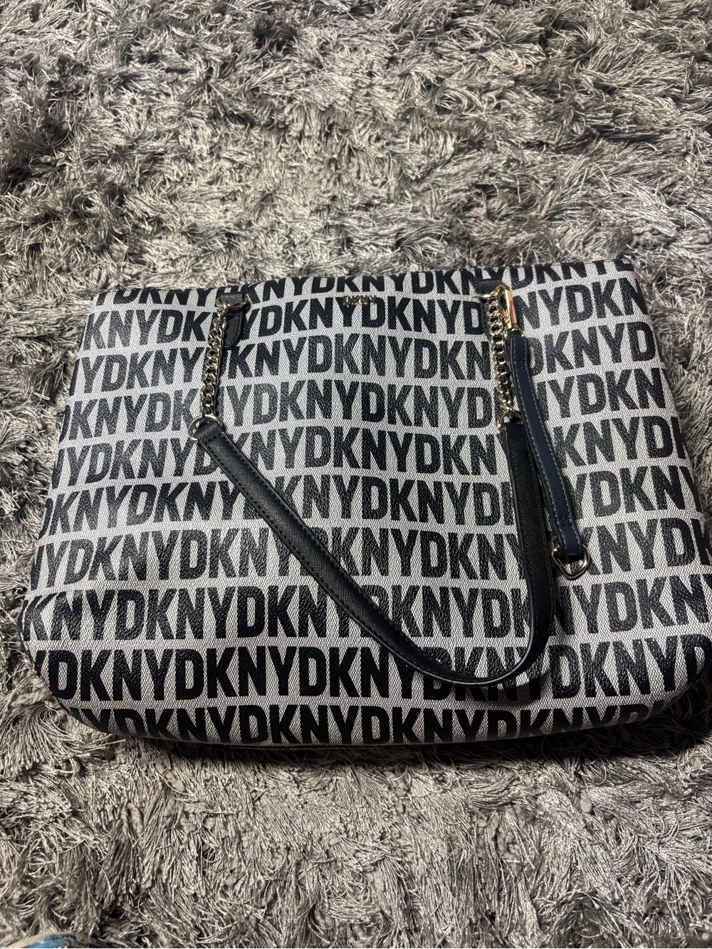DKNY Black and White Logo Jacquard Tote with Chain-Strap